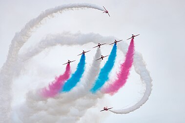 English: Red Arrows in formation flight at the Royal International Air Tattoo 2023.