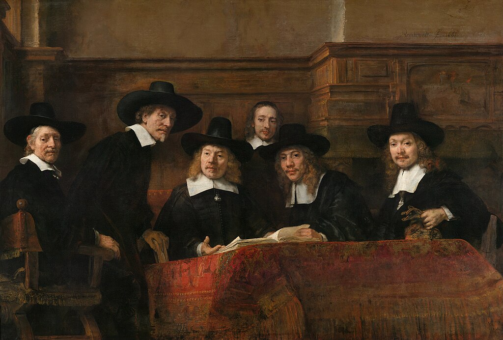 Oeuvre de Rembrandt : Portraits des Membres de la Gilde des Drapiers d'Amsterdam, dite « Les Syndics ». Au Rijksmuseum d'Amsterdam.