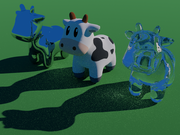 3D rendered image showing three copies of a cartoon cow. The one on the left has a mirror surface, and the one on the right uses a transparent glass material. The image is speckled with many white dots, especially in the shadowed areas, due to low quality settings in the renderer. The reflection, transparency, and lighting are realistic, but the speckles distract from this.