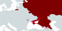 Map showing the Russian Federation in dark red with Russian-occupied territories in Europe in light red. Russian-occupied territories in map.webp