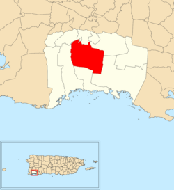 Лажас муниципалитеті ішіндегі Сабана Егуастың орналасқан жері қызыл түспен көрсетілген