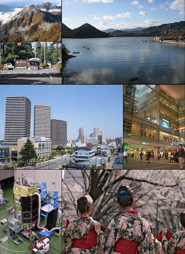 From top left: Tanzawa mountains, USARJ Sagami General Depot, Lake Sagami, Hashimoto District, Odakyu Sagami-Ōno Station, JAXA Sagamihara Campus, Saku