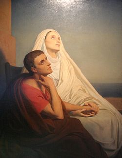 Monique et Augustin partagèrent une expérience mystique commune à Ostie, quelques temps avant sa mort. C’est cela que veut évoquer ce tableau de Ary Scheffer.