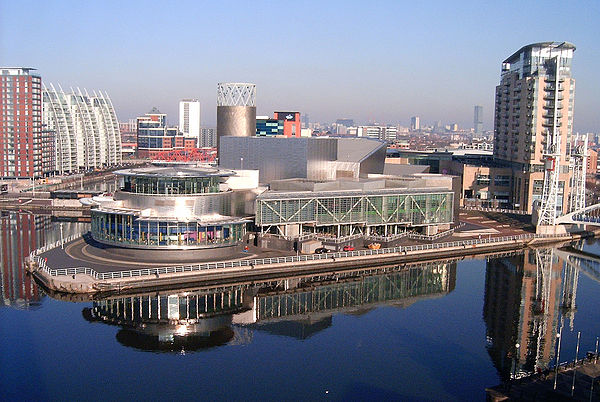 View from the museum's air shard viewing platform; The Lowry opposite the museum in Salford, across the Manchester Ship Canal.