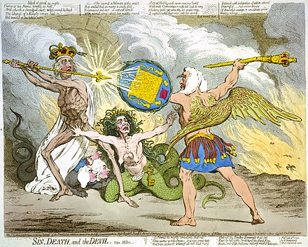 In Sin, Death and the Devil (1792), James Gillray caricatured the political battle between Pitt and Thurlow as a scene from Paradise Lost. Pitt is Death and Thurlow Satan, with Queen Charlotte as Sin in the middle.