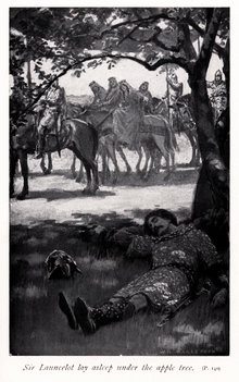 Morgan, Sebile and two other witch-queens find Lancelot sleeping in William Henry Margetson's illustration for Legends of King Arthur and His Knights, abridged from Le Morte d'Arthur by Janet MacDonald Clark (1914) Sir Launcelot lay asleep under the apple tree.png