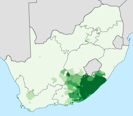 Географическое распространения языка коса в ЮАР, доля населения, говорящая на коса дома:      0–20%      20–40%      40–60%      60–80%      80–100%