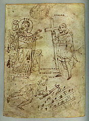 Judas ben Simeon présentant la Croix à l'impératrice Hélène, manuscrit, v. 825.