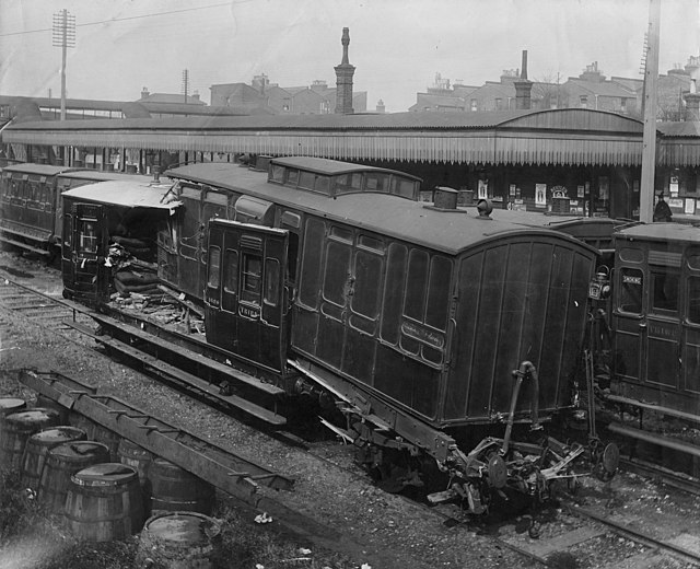 Damaged carriages from the St Johns 1898 train crash.