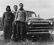 Tanaka (right) and his Tama colleagues testing the prototype of their first gasoline-engine vehicle Tama (Prince) Truck AFTF in Hakone, late 1951 or early 1952. This car had not been named Prince yet.