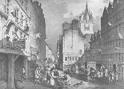 The High Street of Edinburgh in the 18th century. The figure seen talking to a member of the Town Guard below the barber-surgeon's pole and bleeding bowl, lower left, may be intended to depict a caddie imparting information. A water-caddie carrying a barrel on his back can be seen in front of the wellhead on the right of the picture. Click to view enlarged image. The 'Heart of Midlothian', High Street, Edinburgh.jpg