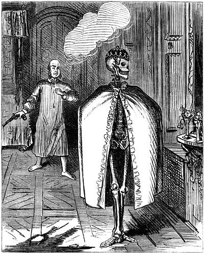 In the foreground, a skeleton in a cloak and nightcap poses in front of the mirror in a bedroom; in the background, the rightful occupant of the bedroom futilely fires a pistol at it.