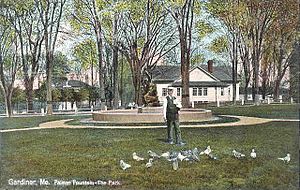 The Park and Palmer Fountain in 1909. Melted down for the war effort, the bronze statue was later replaced. The Park & Palmer Fountain, Gardiner, ME.jpg