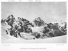 Fotografia del 1880 che riprende alcune montagne del massiccio dell'Ortles: Punta Thurwieser, monte Zebrù e Gran Zebrù