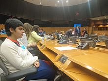 Brar attending the screening of a documentary about social change makers around the world at the European Parliament in Brussels, Belgium in 2017 Tiffany Brar In EU Parliament.JPG