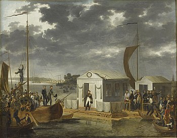 Vergadering van de vorsten op de Memel bij Tilsit;  Schilderij van Adolphe Roehn