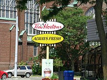 Tim Hortons in the suburban area of Stratford Tim Hortons sign in Stratford, Ontario.jpg
