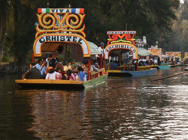 Colourful trajineras (rafts) on Lake Xochimilco