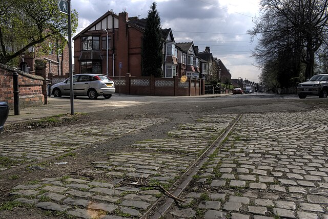Tram services once criss-crossed Salford. These lines, at the end of Great Clowes Street, are still visible as the road was closed to traffic followin