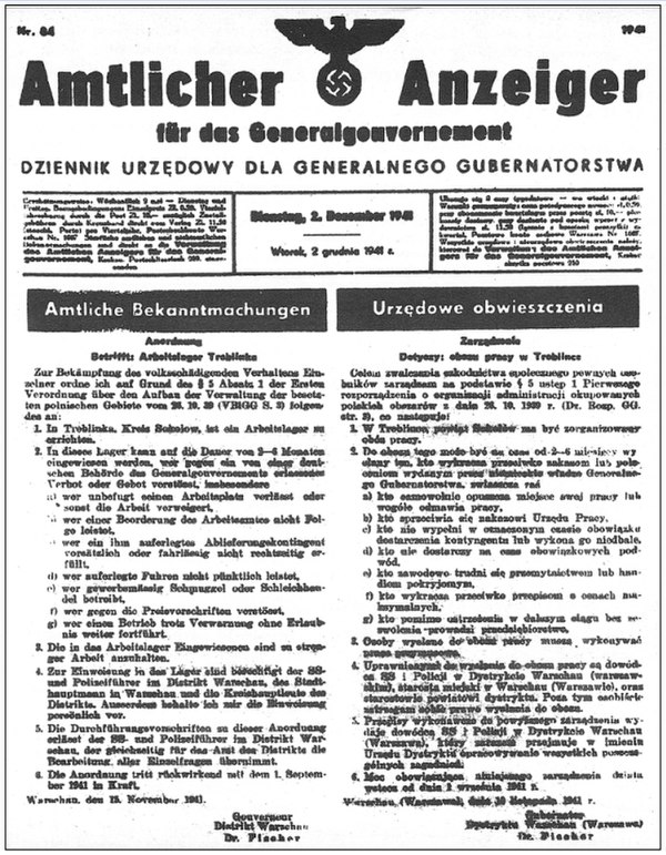 Official announcement of the founding of Treblinka I, the forced-labour camp