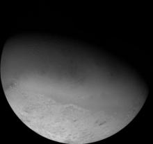 A monochrome mosaic of Triton, from images by Voyager 2. Triton is thought to be a captured dwarf planet. Triton.usgs23.png
