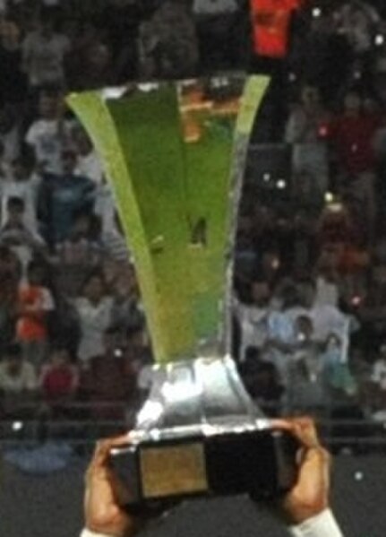 The trophy being held up