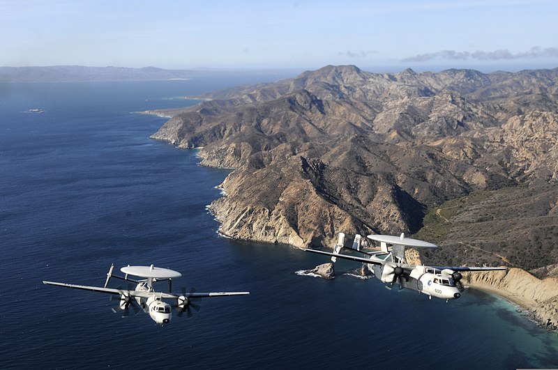 File:Two U.S. Navy E-2C Hawkeye aircraft assigned to Airborne Early Warning Squadron (VAW) 117 fly in formation over the Pacific Ocean near the Channel Islands off the coast of Ventura, Calif. 121120-N-HX866-007.jpg