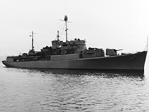 USS Oyster Bay (AGP-6) underway off the Puget Sound Naval Shipyard, Bremerton, Washington (USA), on 28 November 1943 (19-N-54734).jpg