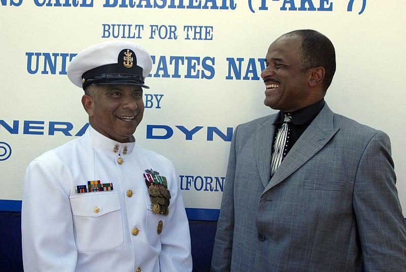 File:US Navy 080918-N-9818V-412 Master Chief Petty Officer of the Navy (MCPON) Joe R. Campa Jr. speaks with Phillip Brashear, son of Master Chief Carl Brashear, following the christening ceremony for USNS Carl Brashear (T-AKE 7) hel.jpg