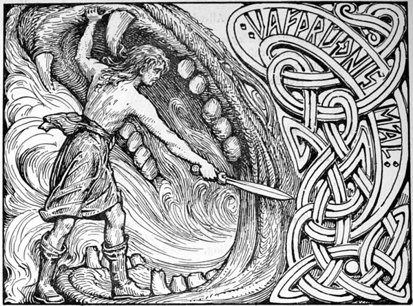 A depiction of Víðarr stabbing Fenrir while holding his jaws apart by W. G. Collingwood, 1908, inspired by the Gosforth Cross