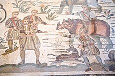 Ловля носорогов. Римская мозаика из Виллы дель-Казале у Пьяцца-Армерина (Сицилия). IV в. н. э.
