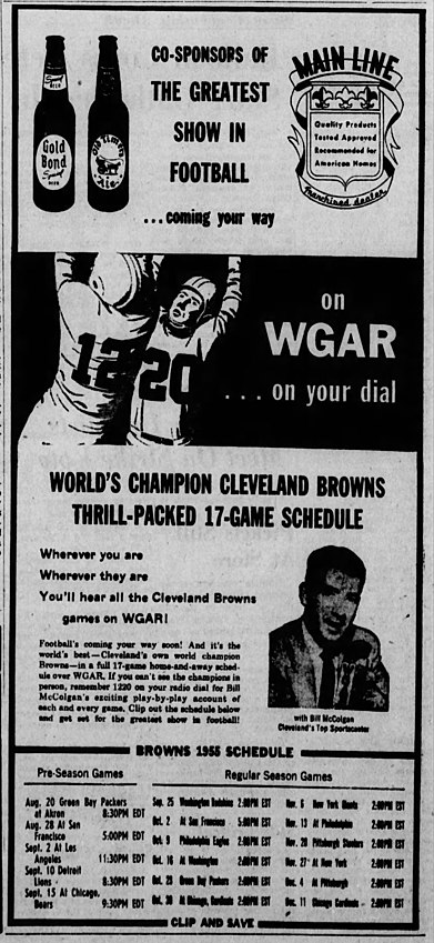 1956 ad for WGAR's Cleveland Browns football coverage, with Bill McColgan providing play-by-play.