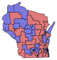 Assembly partisan representation
Democratic: 63 seats
Republican: 36 seats WI Assembly Partisan Map 1975.svg