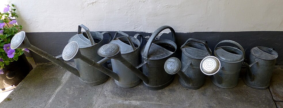 One headless watering can together with others off duty