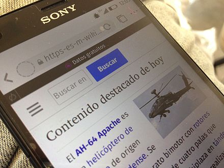 Mobile with Free Basics zero rating plan showing Spanish Wikipedia main page in Mexico