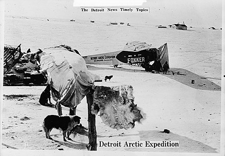 Sir Hubert Wilkins pioneered the exploration of the Arctic regions by aircraft. Pictured, his plane and encampment as part of the Detroit Arctic Expedition, 1926.