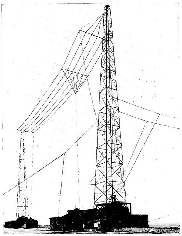 Multiwire T antenna of radio station WBZ, Massachusetts, USA, 1925. T antennas were the first antennas used for medium wave broadcasting, and are stil
