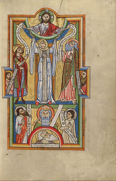 Full-page illustration of Sapientia (Wisdom) of the 12th century. Wisdom is the central figure, between the figures of Christ (above), Zechariah, fath