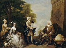 Woodes Rogers and his family by William Hogarth, 1729. Rogers, the first royal governor of the Bahamas, is seated as he is shown a map of New Providence. Woodes Rogers and his Family RMG L9135.jpg