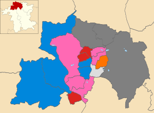 Map of the results of the 2012 Wyre Forest District Council election. Health Concern in pink, Conservatives in blue, Labour in red, Liberals in orange and independent in light grey. Wards in dark grey were not contested in 2012. Wyre Forest UK local election 2012 map.svg