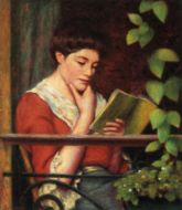 Reading by a window label QS:Len,"Reading by a window" , c.1885