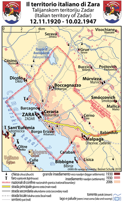 Карта на комуната Зара в периода 1920 – 1947 г.