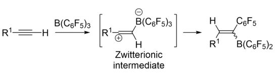 Proposed mechanism for Wrackmeyer-type 1,1 carboboration. The Zwitterionic intermediate has been isolated and characterized to support this proposal. Zwitterionic intermediate in Wrackmeyer reaction.png