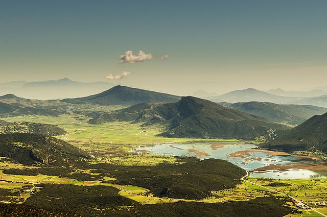 Karst closed depression with permanent lake Stymfalia, Peloponnese, Greece. Seasonal abundant precipitation drained by 3 sinkholes