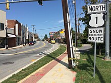 US 1 northbound in Hyattsville. The Trolley Trail trailhead can be seen at the right. 2016-09-05 13 15 26 View north along U.S. Route 1 (Baltimore Avenue) at Farragut Street in Hyattsville, Prince Georges County, Maryland.jpg