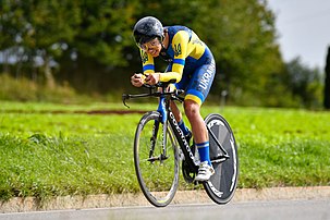 La cycliste ukrainienne Tetyana Yaschenko au cours de l'épreuve de contre-la-montre féminin des juniors aux championnats du monde de cyclisme sur route 2018. (définition réelle 6 087 × 4 058)