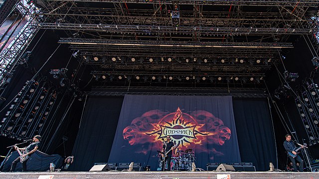 Godsmack performing at Rock im Park in 2019. From left to right: Robbie Merrill, Sully Erna, Shannon Larkin, and Tony Rombola.