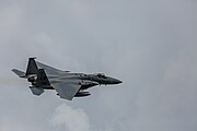 An F-15C Eagle, tail number 86-0164, taking off from RAF Lakenheath in England. The aircraft was assigned to the 493rd Fighter Squadron.