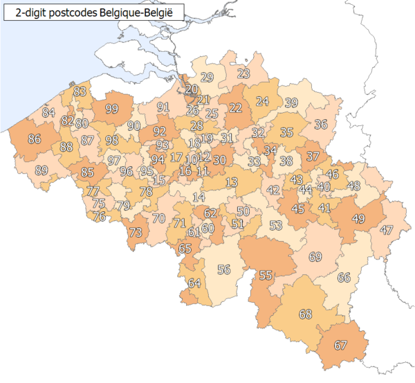 2-digit postcode areas Belgium (defined through the first two postcode digits)