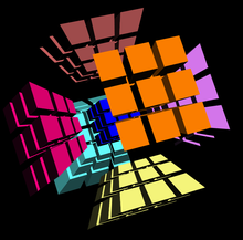 4-cube 3 virtual puzzle, rotated in normal 3D space. 4-cube different view.png